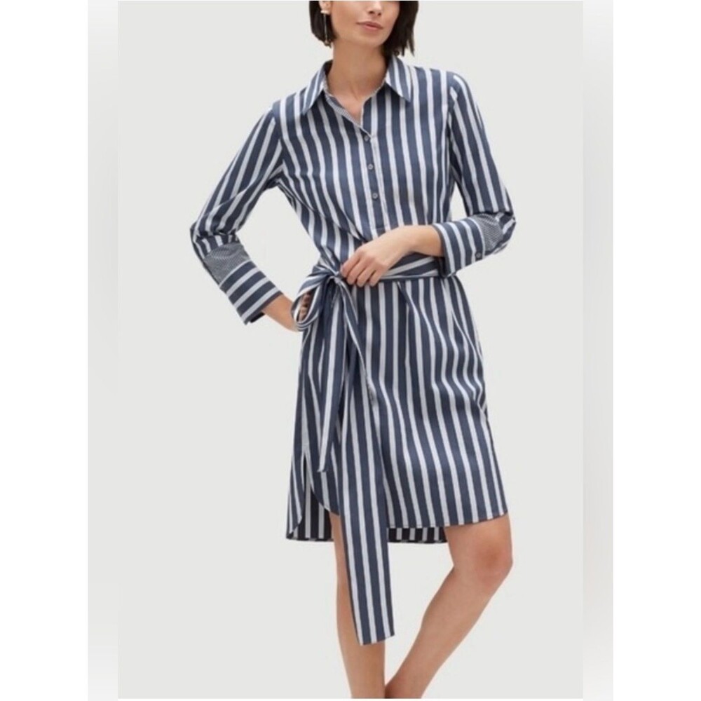LAFAYETTE 148 Fabiola Striped Long Sleeve Belted Shirt Dress *Dungaree Blue XS